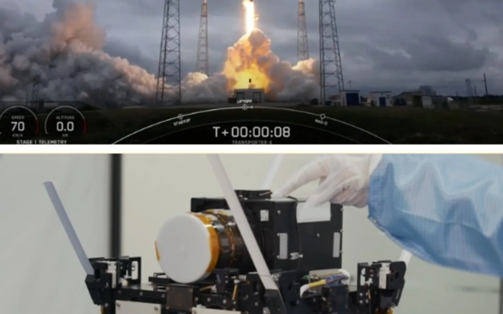 A rocket launching with bright flame and exhaust against a clear sky